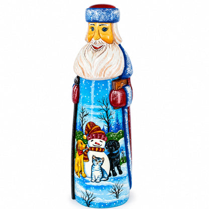 Snowman with Dog & Cat Friends Hand Carved Solid Wood Santa Figurine 11 Inches