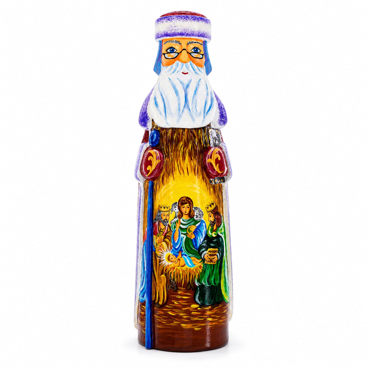 Santa over Nativity Scene Ukrainian Hand Carved Solid Wood Figurine 11 Inches