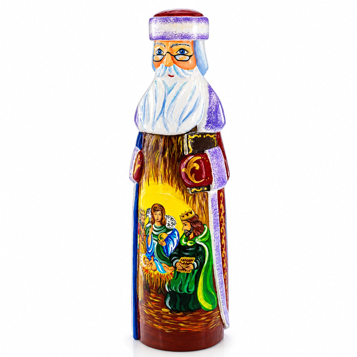 Santa over Nativity Scene Ukrainian Hand Carved Solid Wood Figurine 11 Inches