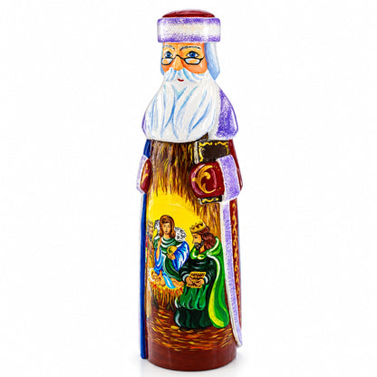 Santa over Nativity Scene Ukrainian Hand Carved Solid Wood Figurine 11 Inches