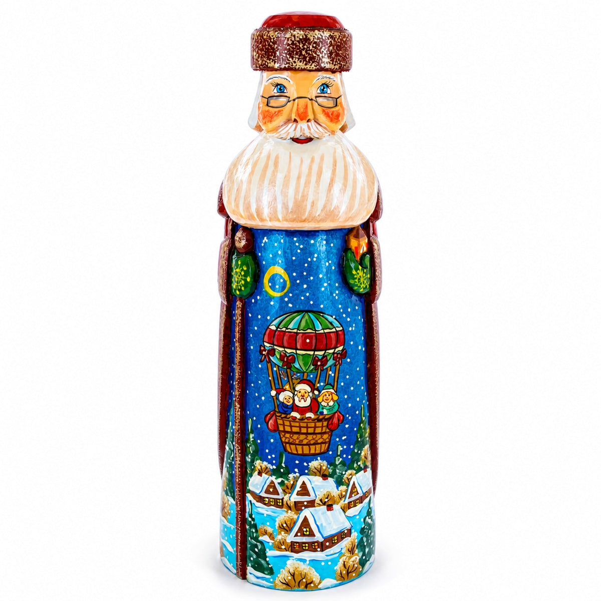 Riding on Air Balloon Hand Carved Solid Wood Santa Figurine 11 Inches