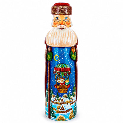 Riding on Air Balloon Hand Carved Solid Wood Santa Figurine 11 Inches