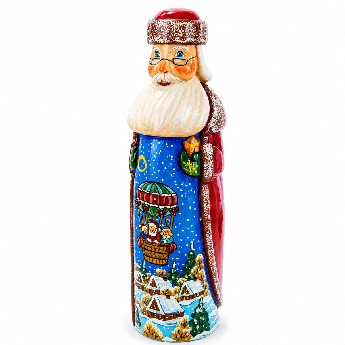 Riding on Air Balloon Hand Carved Solid Wood Santa Figurine 11 Inches