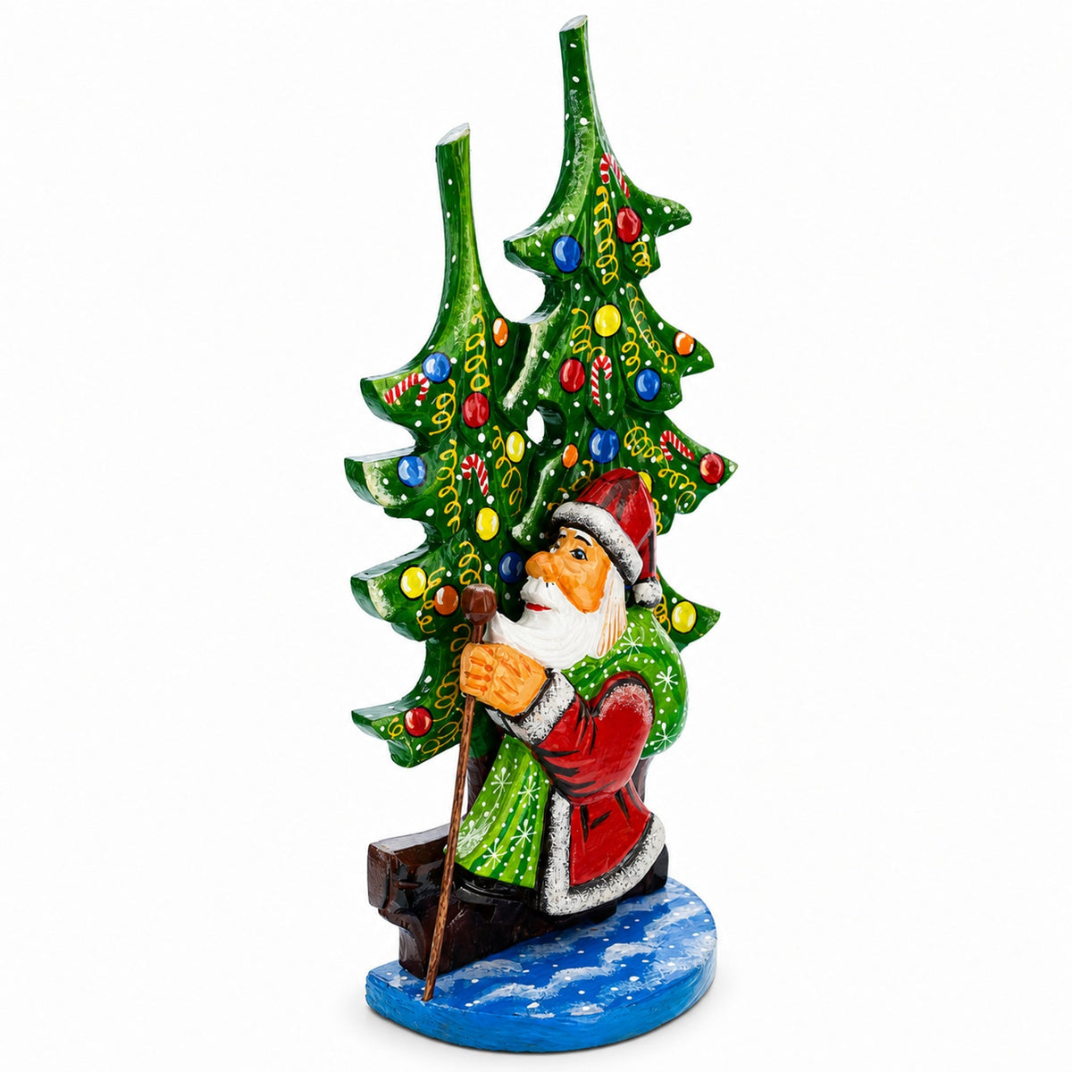 Did Moroz (Santa) and Christmas Tree Hand Carved Ukrainian Wooden Figurine 12.25 Inches