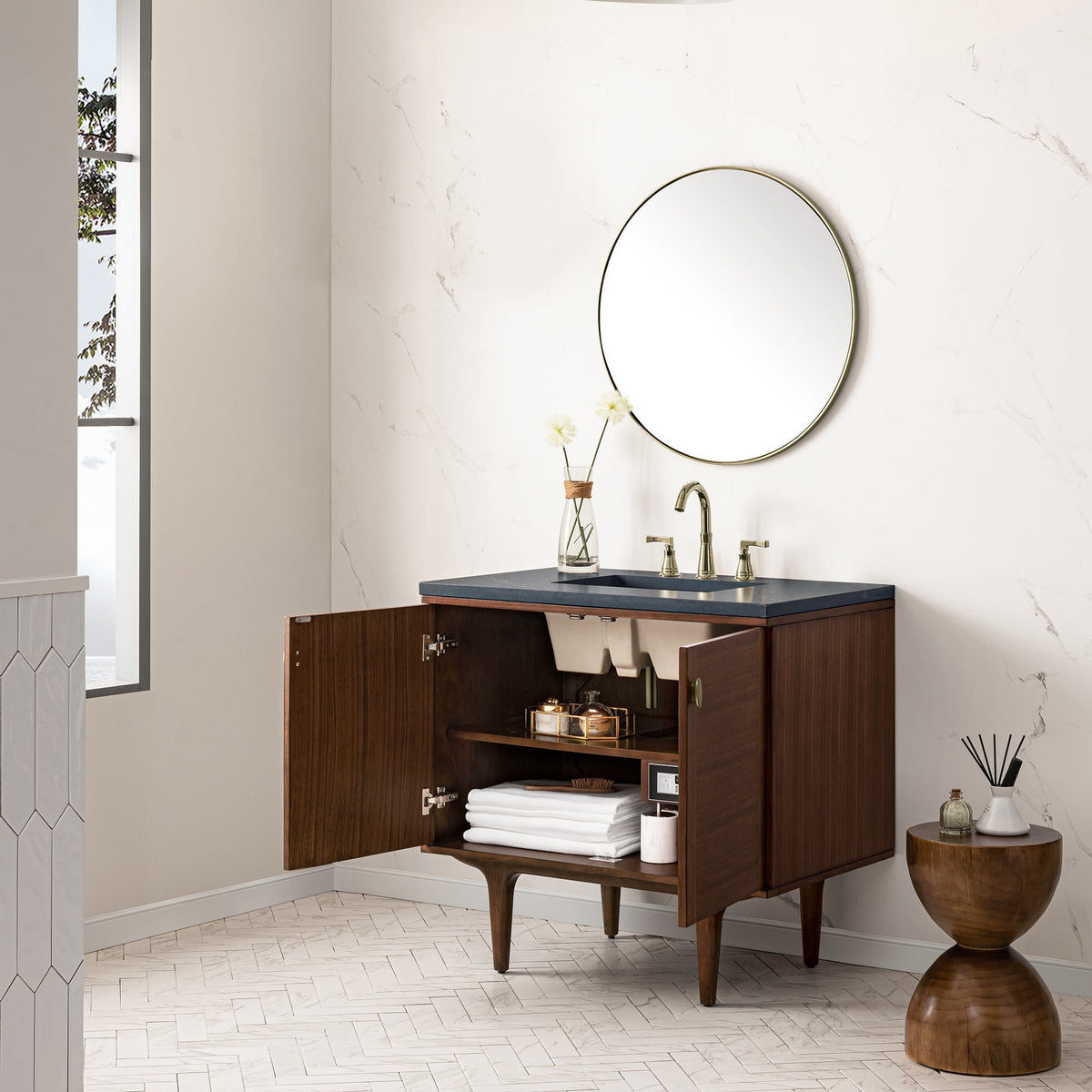 James Martin Amberly 36" Dual Mount Single Bathroom Vanity, Mid-Century Walnut