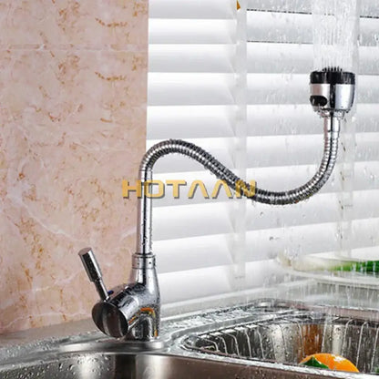 Flexible chrome & black brass kitchen mixer faucet with spray head