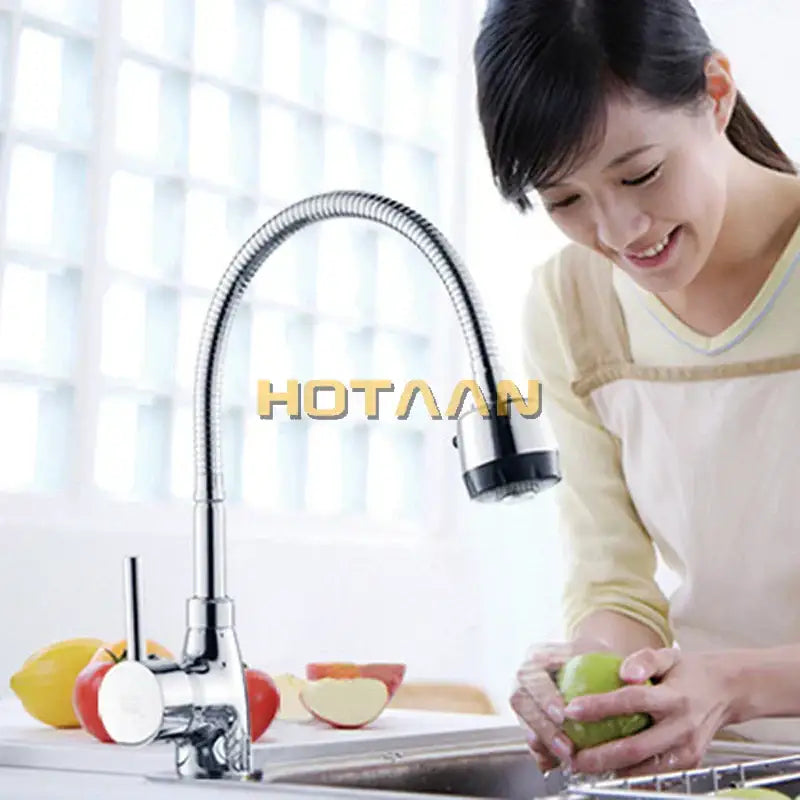 Flexible chrome & black brass kitchen mixer faucet with spray head