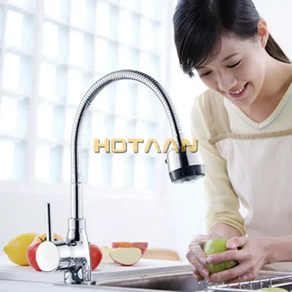 Flexible chrome & black brass kitchen mixer faucet with spray head