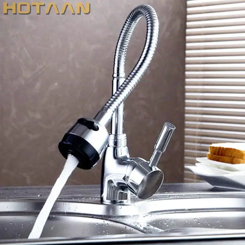 Flexible chrome & black brass kitchen mixer faucet with spray head
