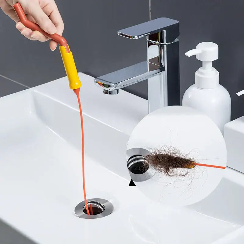 Flexible orange & yellow drain cleaner brush kitchen hair remover
