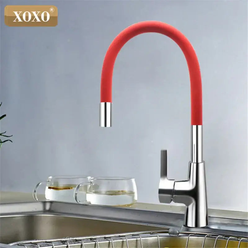 Flexible red silica gel nose kitchen faucet with chrome handle