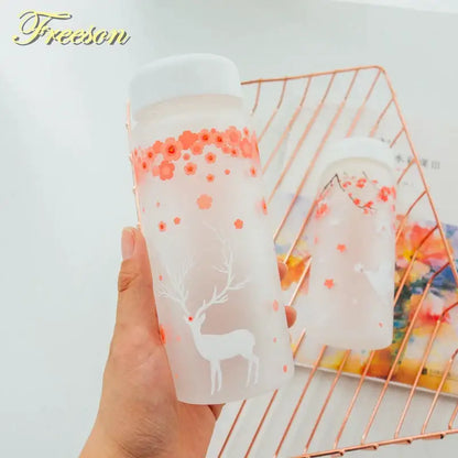 Floral and elk frosted glass water bottle set – kitchen drinkware