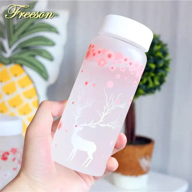 Floral and elk frosted glass water bottle set – kitchen drinkware