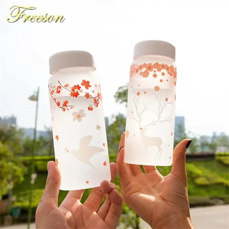 Floral and elk frosted glass water bottle set – kitchen drinkware