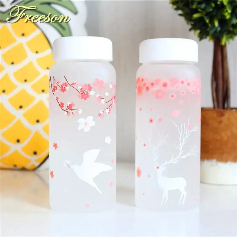 Floral and elk frosted glass water bottle set – kitchen drinkware