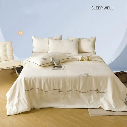 Floral bear cream & gold summer blanket set bedroom satin bedding