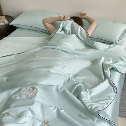 Floral bear cream & gold summer blanket set bedroom satin bedding