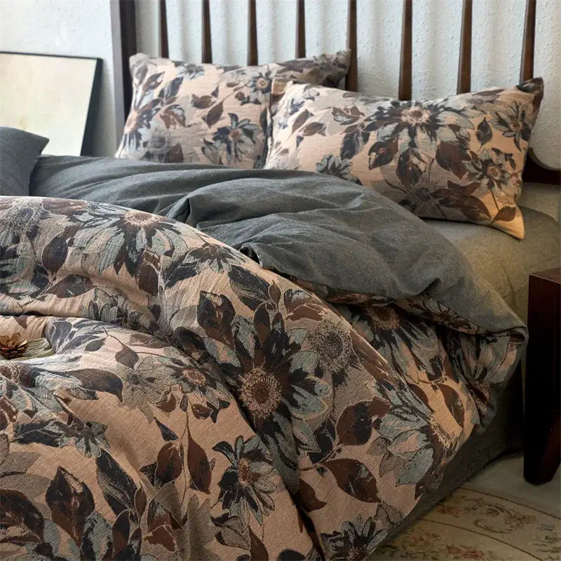 Floral beige & brown jacquard duvet cover set bedroom cotton bedding