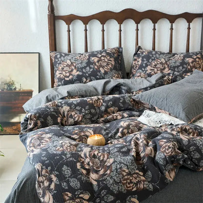 Floral beige & brown jacquard duvet cover set bedroom cotton bedding