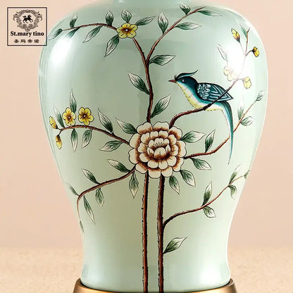 Floral bird ceramic vase table lamp for living room decor