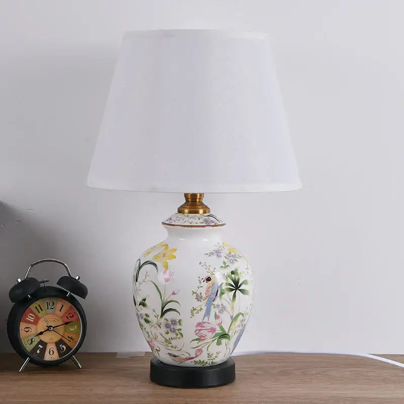 Floral bird hand painted ceramic table lamp with 30cm white fabric shade