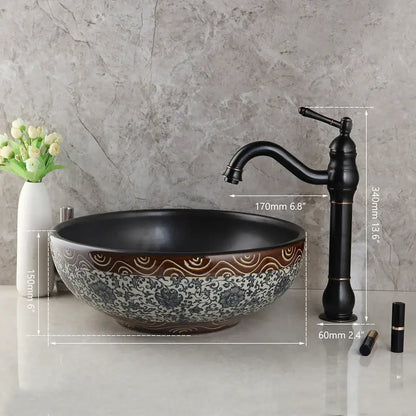 Floral black ceramics sink and brass faucet bathroom basin set