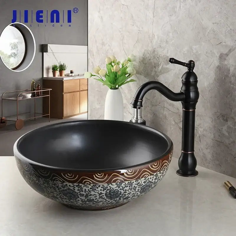 Floral black ceramics sink and brass faucet bathroom basin set