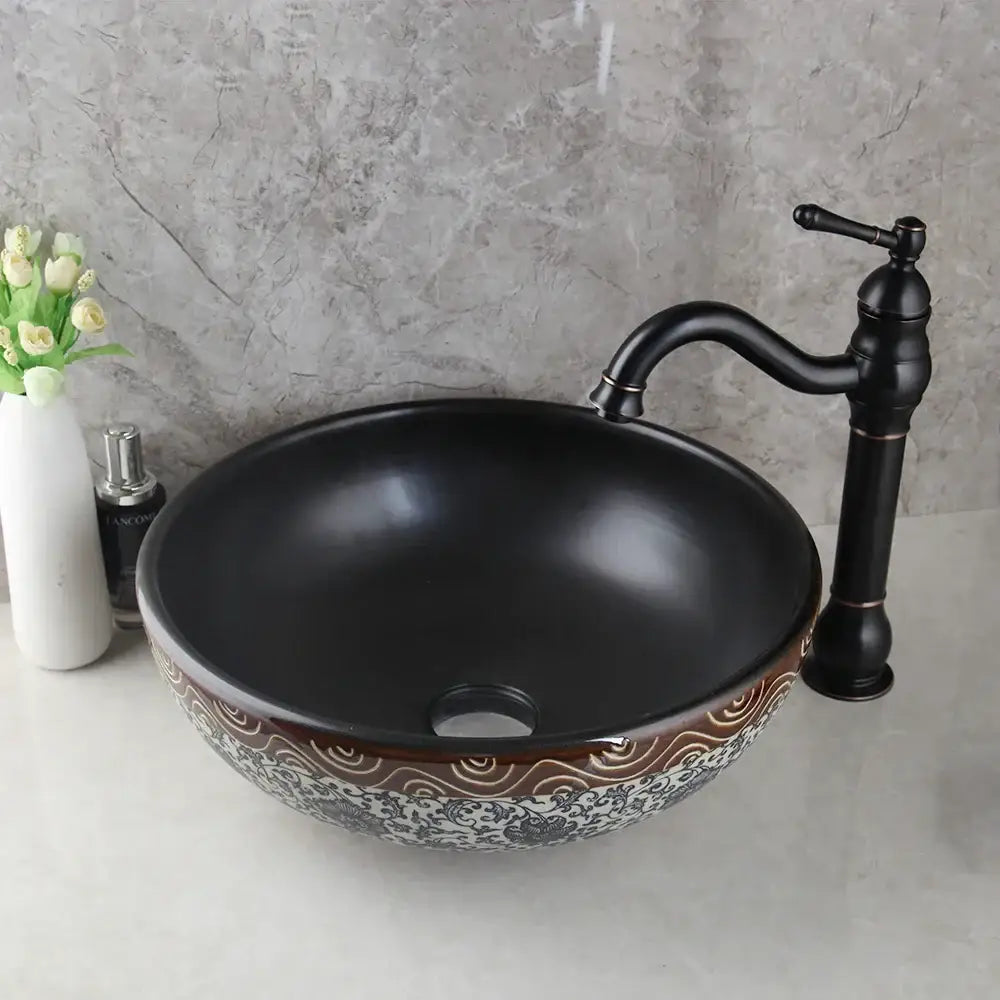 Floral black ceramics sink and brass faucet bathroom basin set