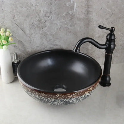 Floral black ceramics sink and brass faucet bathroom basin set