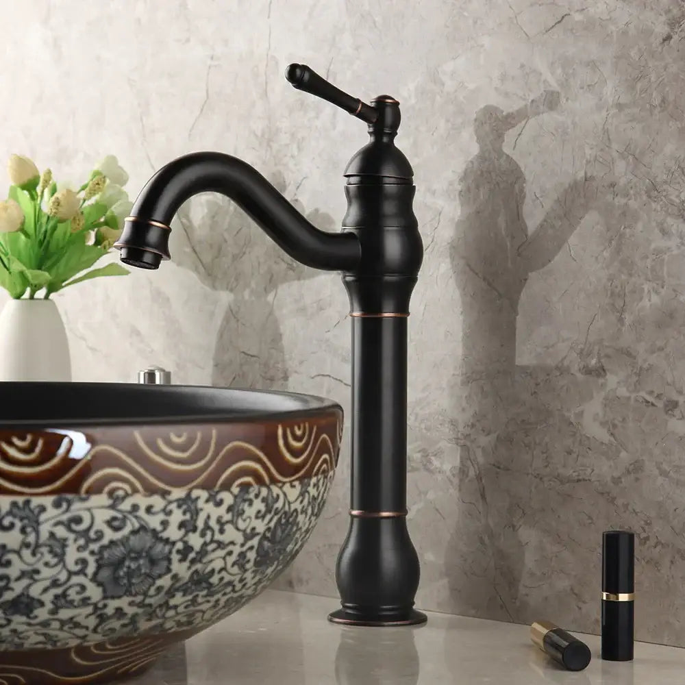 Floral black ceramics sink and brass faucet bathroom basin set