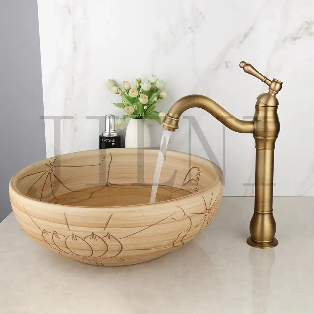 Floral black ceramics sink and brass faucet bathroom basin set