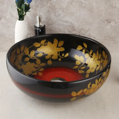 Floral black & red ceramic vessel sink bathroom swivel brass faucet