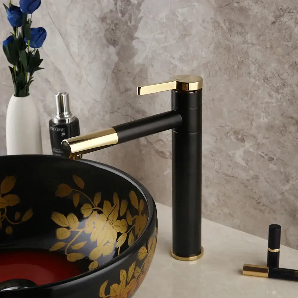 Floral black & red ceramic vessel sink bathroom swivel brass faucet