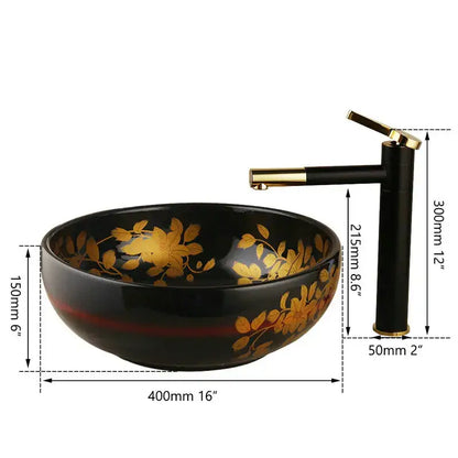 Floral black & red ceramic vessel sink bathroom swivel brass faucet
