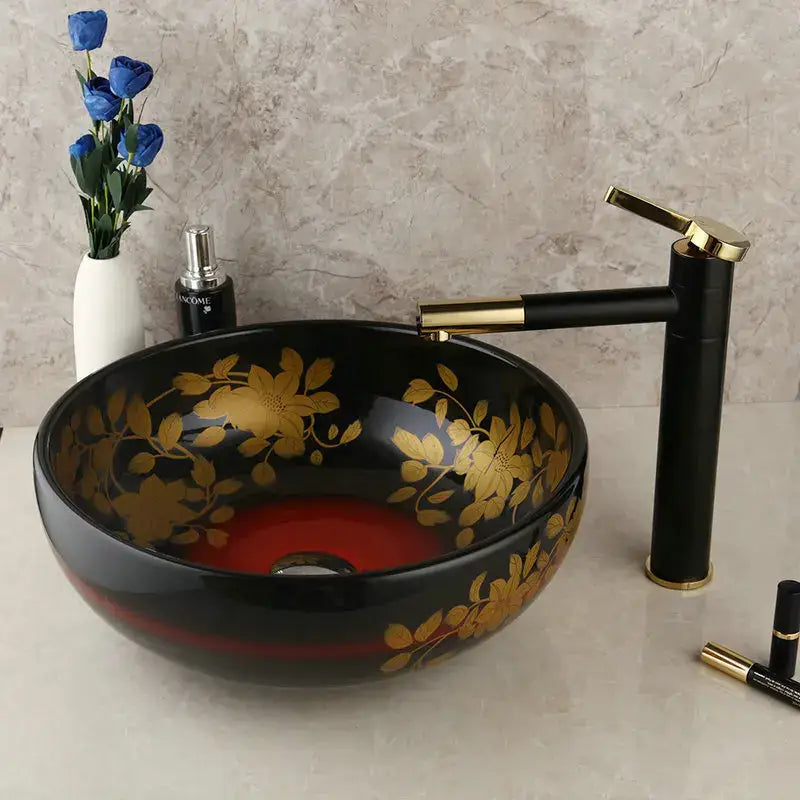 Floral black & red ceramic vessel sink bathroom swivel brass faucet
