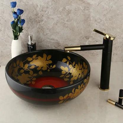 Floral black & red ceramic vessel sink bathroom swivel brass faucet