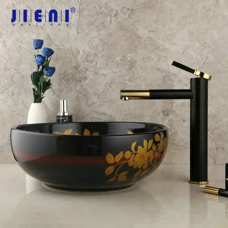Floral black & red ceramic vessel sink bathroom swivel brass faucet