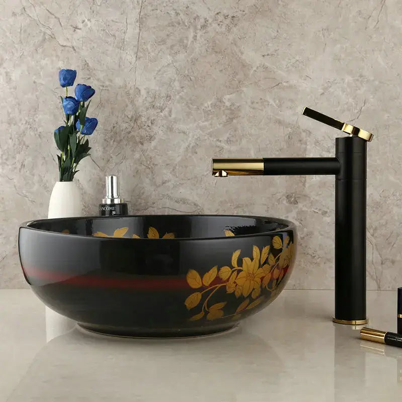 Floral black & red ceramic vessel sink bathroom swivel brass faucet