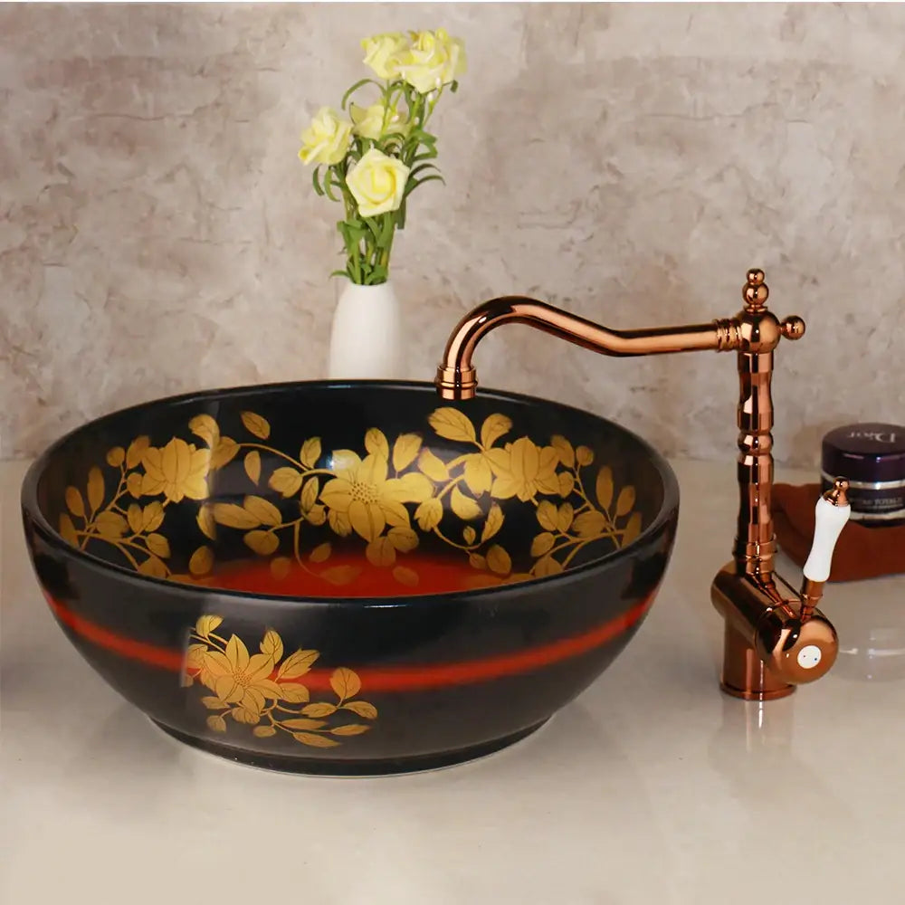 Floral black & red ceramic vessel sink bathroom swivel brass faucet