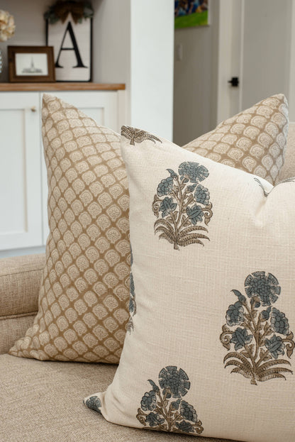 Etta Floral Block Printed Pillow Cover | Blue, Green