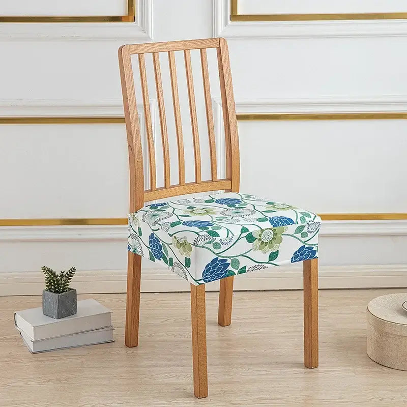 Floral blue and green elastic print chair cover dining room