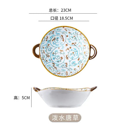 Floral blue & white ceramic double ear ramen soup bowl dining room
