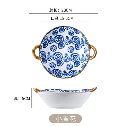 Floral blue & white ceramic double ear ramen soup bowl dining room