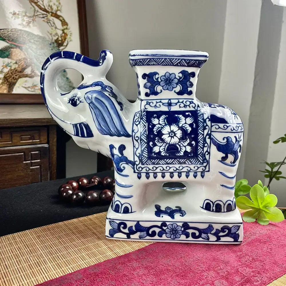 Floral blue & white ceramic elephant statue living room decor
