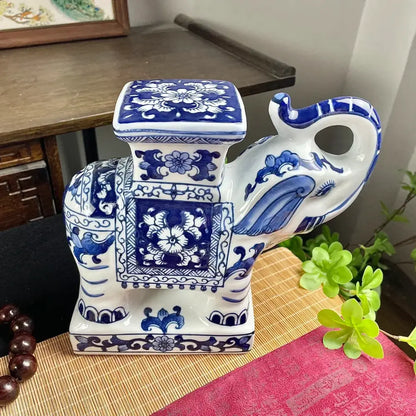 Floral blue & white ceramic elephant statue living room decor