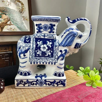 Floral blue & white ceramic elephant statue living room decor