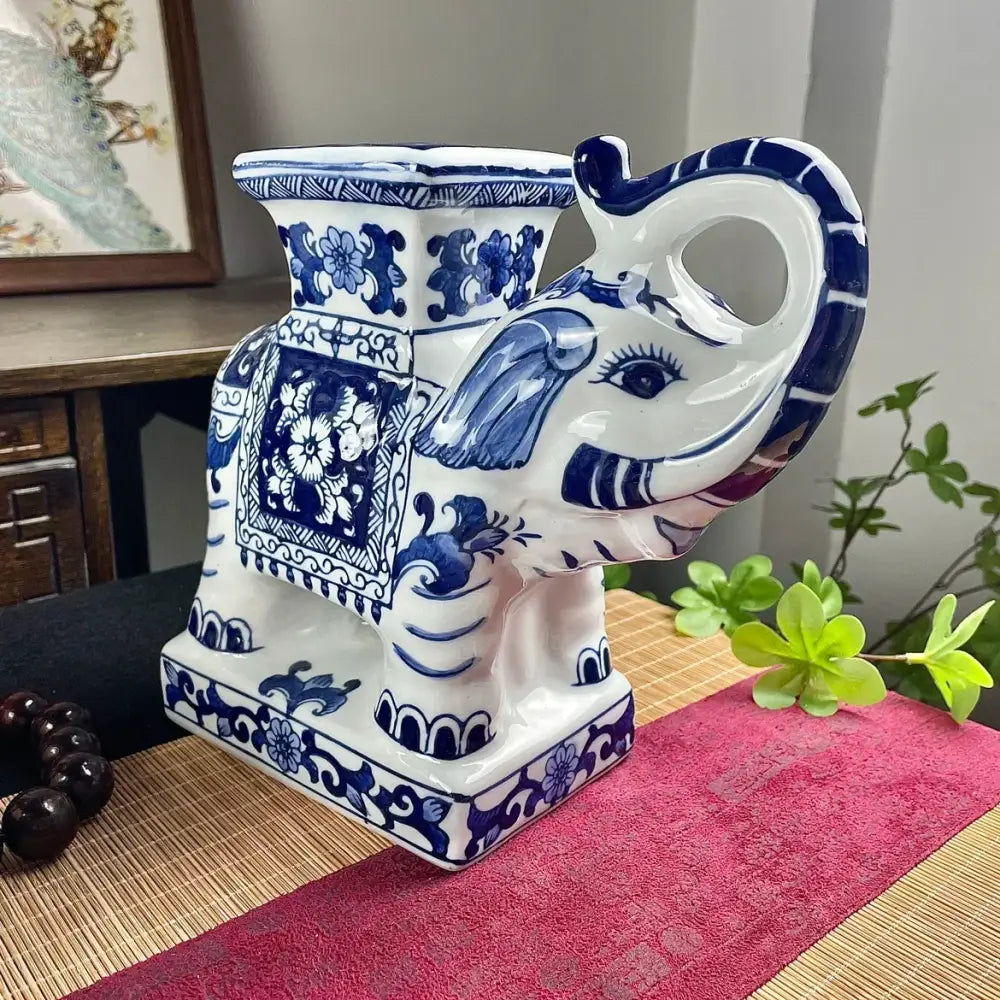 Floral blue & white ceramic elephant statue living room decor