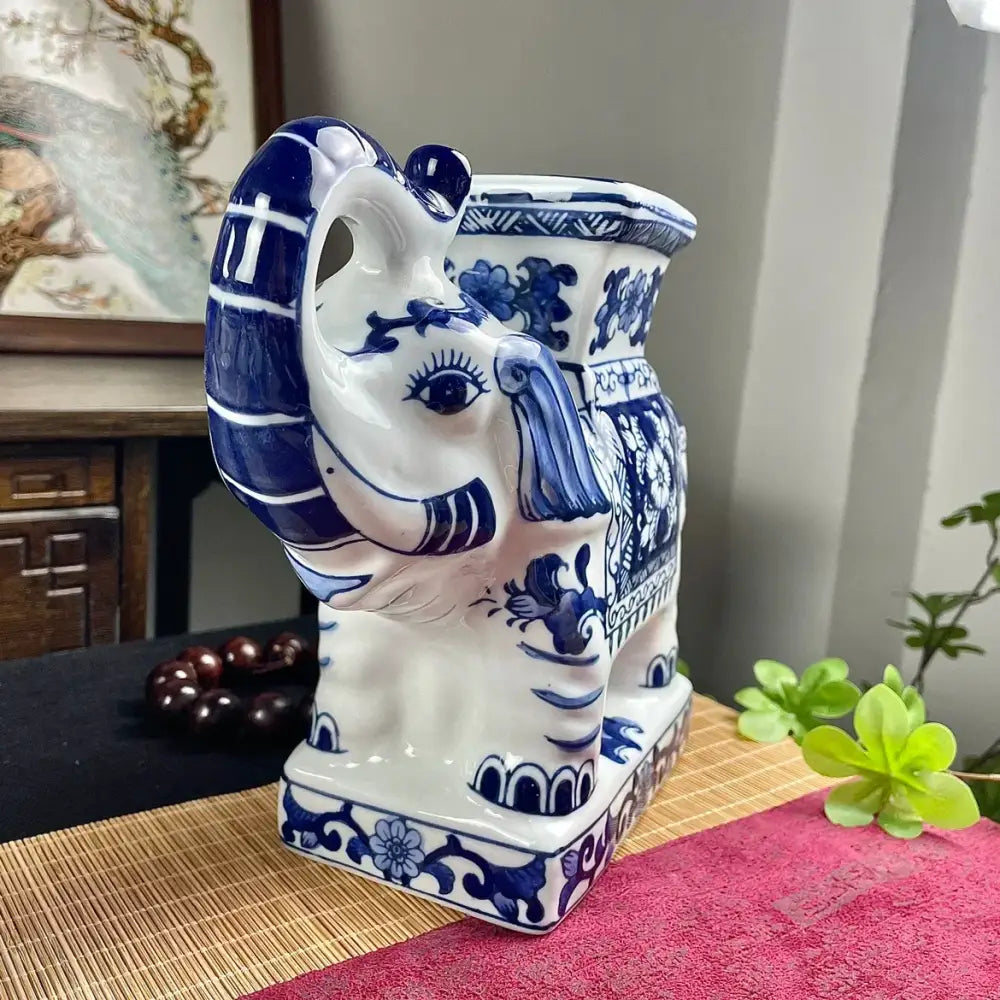 Floral blue & white ceramic elephant statue living room decor