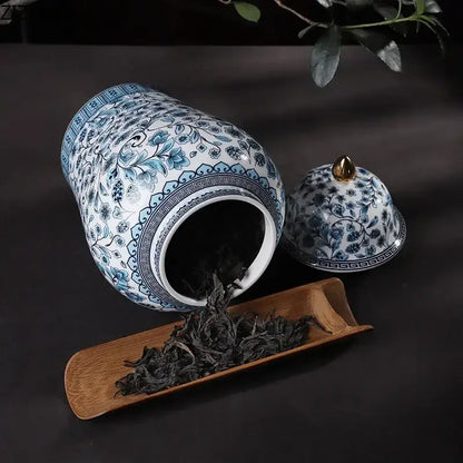 Floral blue & white ceramic ginger jar set – living room decor