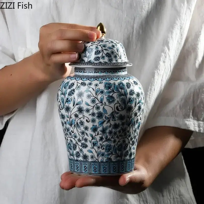 Floral blue & white ceramic ginger jar set – living room decor